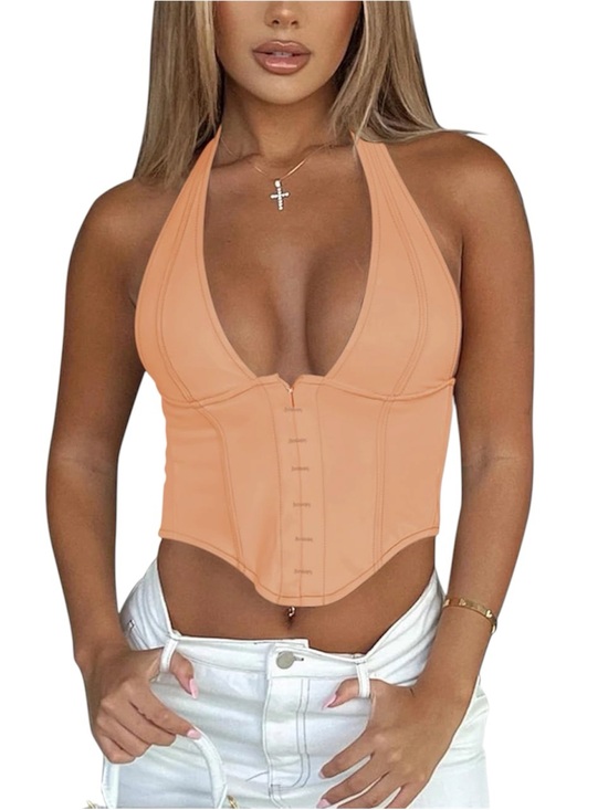 ReoRia Tops - REORIA Peach Halter Deep V Neck Double Lined Corset Crop Top S